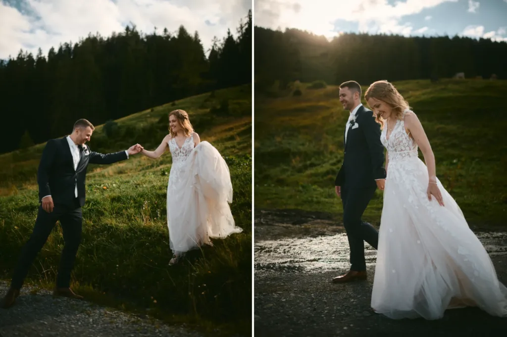 Brautpaar im goldenen Licht auf der Rufana Alp